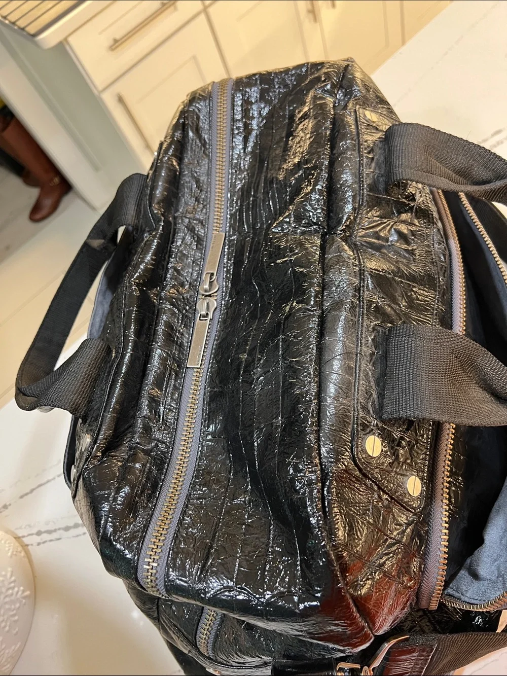 Matt & Nat Unisex Vegan Leather Black Glossy Textured Duffel W/Adjustable Strap
